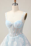 Sparkly Light Blue A Line Spaghetti Straps Corset Graduation Dress
