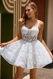 White A-Line Corset Short Floral Graduation Dress with Sequins