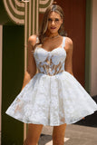 White A-Line Corset Short Floral Graduation Dress with Sequins