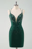 Load image into Gallery viewer, Dark Green Bodycon Spaghetti Straps Short Graduation Dress with Beading