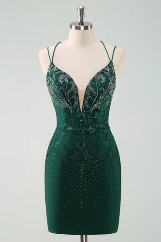 Dark Green Bodycon Spaghetti Straps Short Graduation Dress with Beading