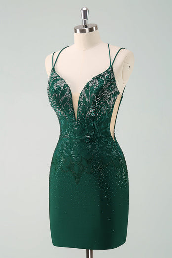 Dark Green Bodycon Spaghetti Straps Short Graduation Dress with Beading