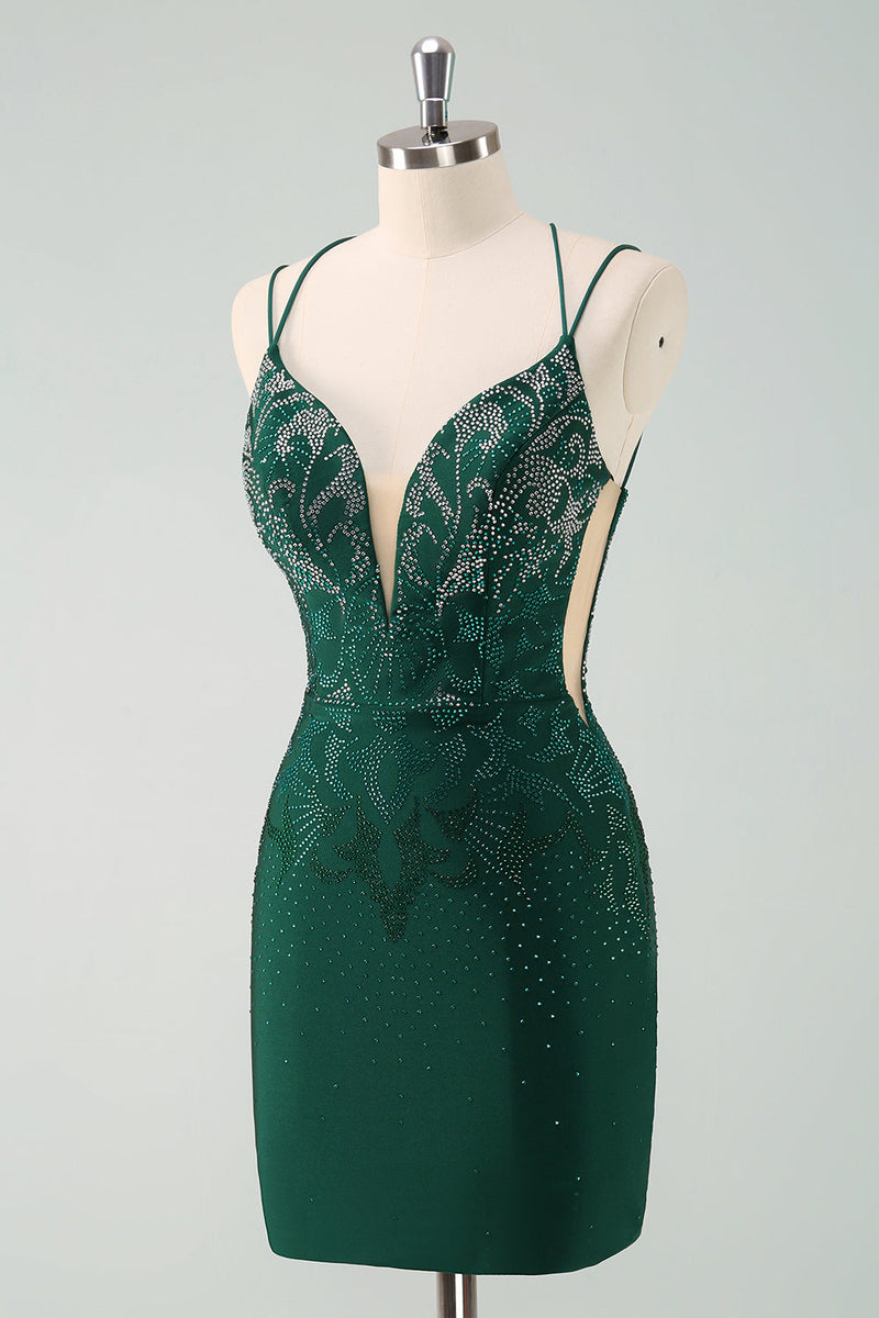 Load image into Gallery viewer, Dark Green Bodycon Spaghetti Straps Short Graduation Dress with Beading