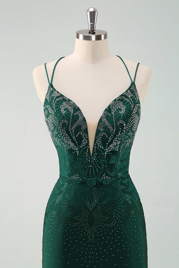 Dark Green Bodycon Spaghetti Straps Short Graduation Dress with Beading