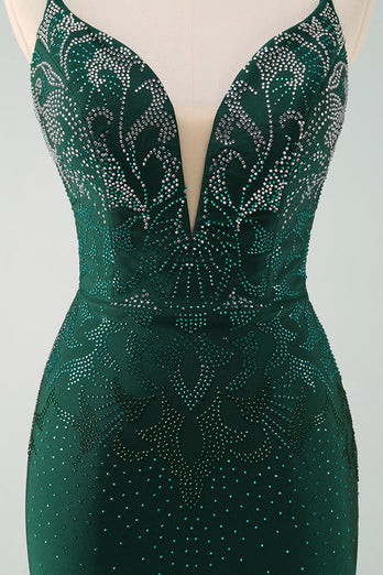 Dark Green Bodycon Spaghetti Straps Short Graduation Dress with Beading