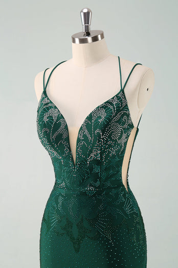 Dark Green Bodycon Spaghetti Straps Short Graduation Dress with Beading