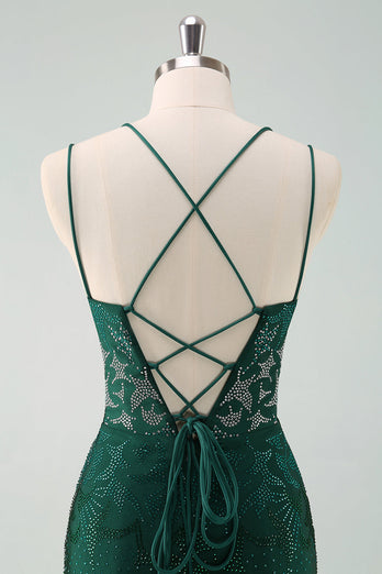 Dark Green Bodycon Spaghetti Straps Short Graduation Dress with Beading