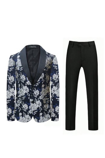 Black White Floral Printed Shawl Lapel 2 Pieces Men Suits