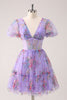 Load image into Gallery viewer, Purple A-Line V Neck Corset Short Floral Graduation Dress with Lace Up Back