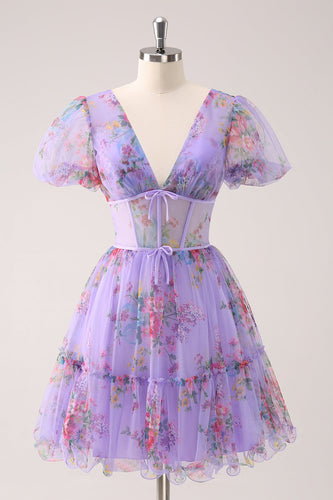 Purple A-Line V Neck Corset Short Floral Graduation Dress with Lace Up Back