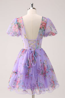 Purple A-Line V Neck Corset Short Floral Graduation Dress with Lace Up Back