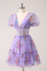 Load image into Gallery viewer, Purple A-Line V Neck Corset Short Floral Graduation Dress with Lace Up Back