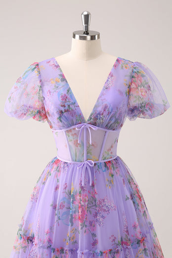 Purple A-Line V Neck Corset Short Floral Graduation Dress with Lace Up Back