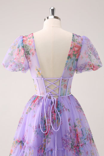 Purple A-Line V Neck Corset Short Floral Graduation Dress with Lace Up Back