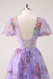 Purple A-Line V Neck Corset Short Floral Graduation Dress with Lace Up Back