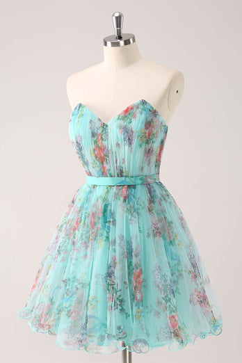 Fluffy Strapless Green Floral Short Graduation Dress