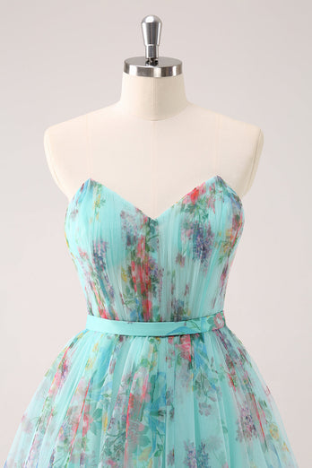 Fluffy Strapless Green Floral Short Graduation Dress