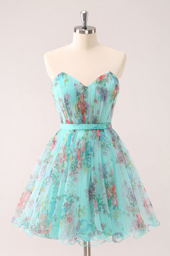 Fluffy Strapless Green Floral Short Graduation Dress