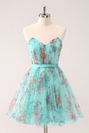 Fluffy Strapless Green Floral Short Graduation Dress