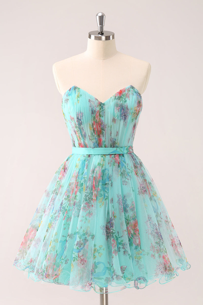 Load image into Gallery viewer, Fluffy Strapless Green Floral Short Graduation Dress