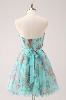 Fluffy Strapless Green Floral Short Graduation Dress