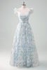 Load image into Gallery viewer, Light Blue Flower Printed A-Line Cap Sleeves Long Prom Dress