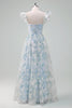 Load image into Gallery viewer, Light Blue Flower Printed A-Line Cap Sleeves Long Prom Dress