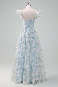 Light Blue Flower Printed A-Line Cap Sleeves Long Prom Dress