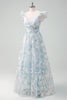 Load image into Gallery viewer, Light Blue Flower Printed A-Line Cap Sleeves Long Prom Dress