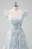 Load image into Gallery viewer, Light Blue Flower Printed A-Line Cap Sleeves Long Prom Dress