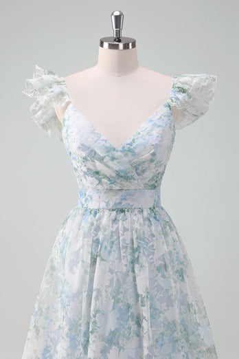 Light Blue Flower Printed A-Line Cap Sleeves Long Prom Dress