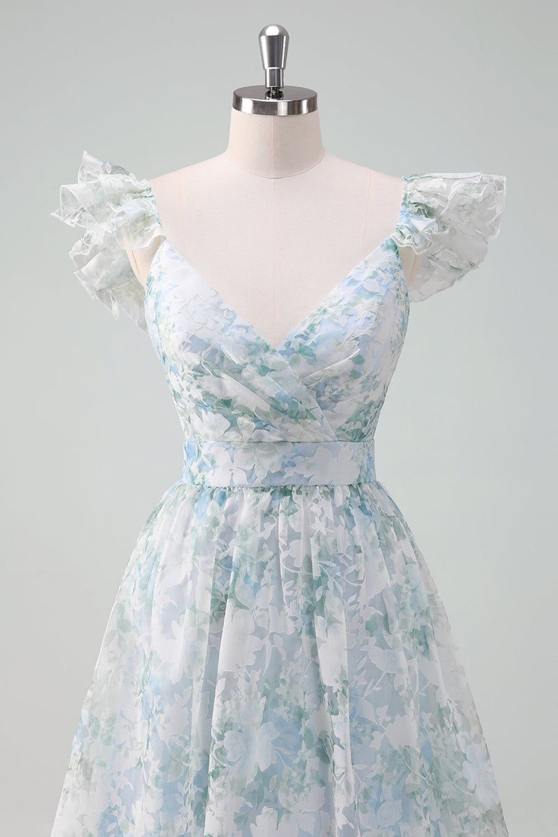 Load image into Gallery viewer, Light Blue Flower Printed A-Line Cap Sleeves Long Prom Dress