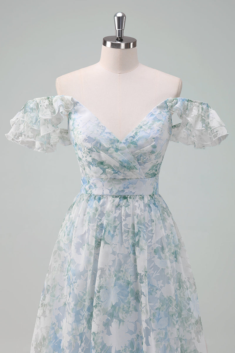 Load image into Gallery viewer, Light Blue Flower Printed A-Line Cap Sleeves Long Prom Dress