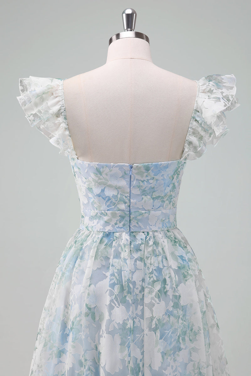 Load image into Gallery viewer, Light Blue Flower Printed A-Line Cap Sleeves Long Prom Dress