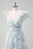 Load image into Gallery viewer, Light Blue Flower Printed A-Line Cap Sleeves Long Prom Dress