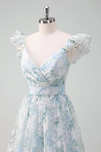 Light Blue Flower Printed A-Line Cap Sleeves Long Prom Dress