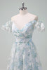 Load image into Gallery viewer, Light Blue Flower Printed A-Line Cap Sleeves Long Prom Dress