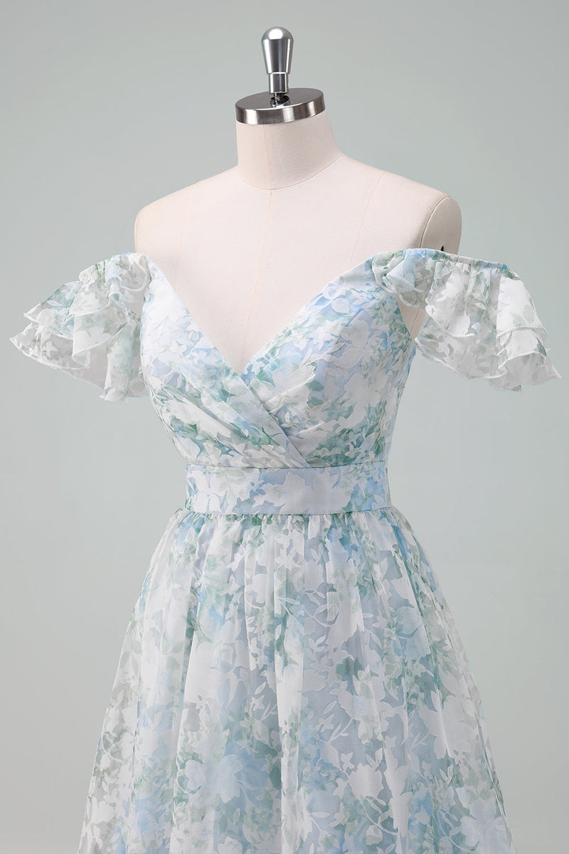 Load image into Gallery viewer, Light Blue Flower Printed A-Line Cap Sleeves Long Prom Dress