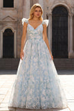 Light Blue A-Line Printed Floral V-Neck Long Prom Dress