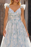 Light Blue A-Line Printed Floral V-Neck Long Prom Dress