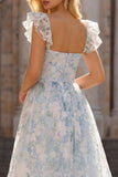Light Blue A-Line Printed Floral V-Neck Long Prom Dress