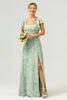 Load image into Gallery viewer, Dusty Sage Square Neck Printed Flower Long Bridesmaid Dress with Slit