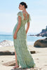 Load image into Gallery viewer, Dusty Sage A Line Printed Floral Long Bridesmaid Dress with Slit