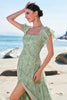 Load image into Gallery viewer, Dusty Sage A Line Printed Floral Long Bridesmaid Dress with Slit