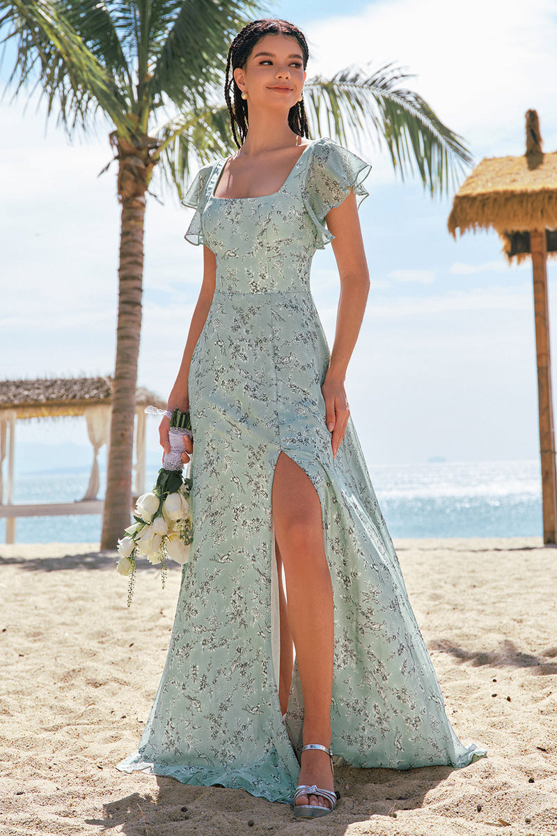 Load image into Gallery viewer, Grey Green Printed Floral Bridesmaid Dress with Slit