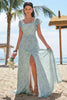 Load image into Gallery viewer, Grey Green Printed Floral Bridesmaid Dress with Slit