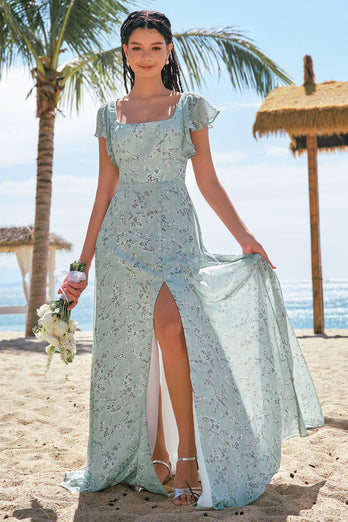 Grey Green Printed Floral Bridesmaid Dress with Slit