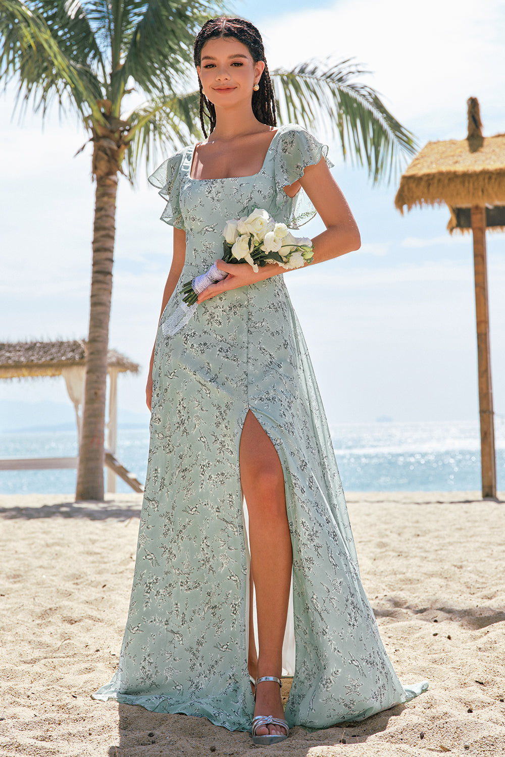 Zapaka Women Grey Green Printed Flower Bridesmaid Dress with Slit Square Neck Chiffon Wedding Guest Dress ZAPAKA UK Zapaka Women Grey Green Printed Flower Bridesmaid Dress with Slit Square Neck Chiffon Wedding Guest Dress ZAPAKA UK