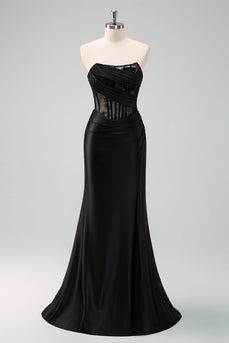 Black Strapless Mermaid Ruched Corset Long Prom Dress