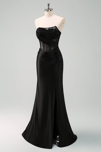 Black Strapless Mermaid Ruched Corset Long Prom Dress